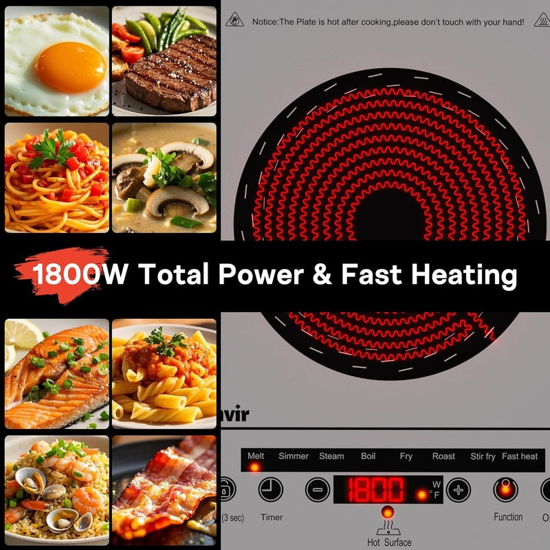 Traenvir Single Burner Electric Cooktop, One Burner Electric Stove 1800W, Portable Ceramic Cooktop with Touch Control, Child Lock, 4 Hour Timer, Overheat Protection, 110V-120V Plug in, Grey - Image 3